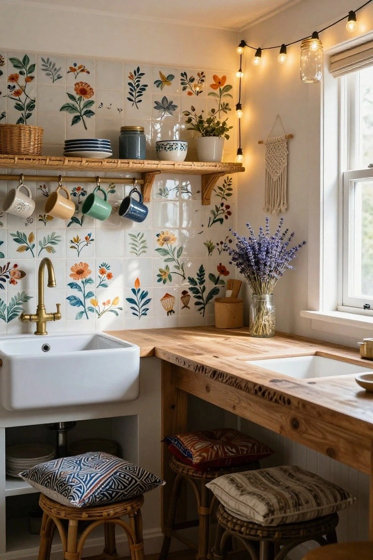 Cozy kitchen corner featuring floral hand-painted tile backsplash, white farmhouse sink, wooden countertop and shelf, hanging mugs, potted plants, lavender bouquet in glass jar, rattan baskets, woven stools with cushions, and warm string lights draped along the upper wall near a window.