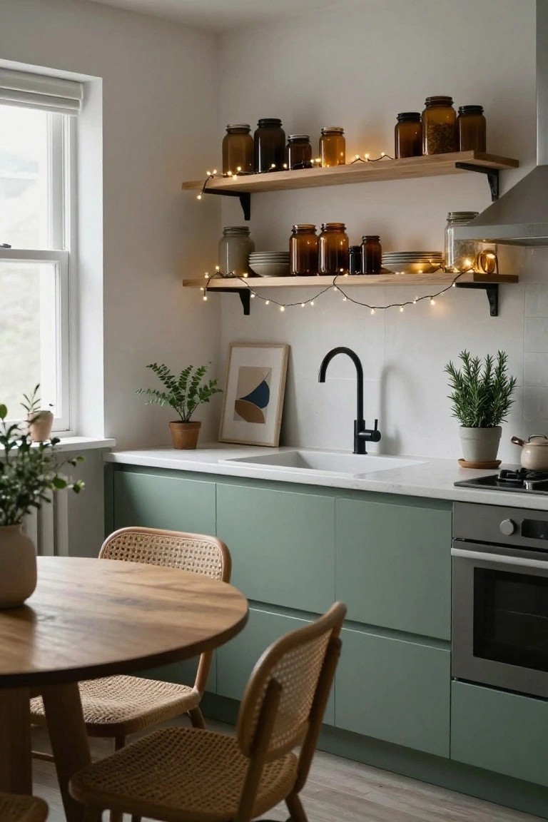 Kitchen with sage green cabinets, white countertops and sink, black faucet, open wooden shelves holding glass jars and string lights, potted plants, and rattan chairs around a round wooden table.
