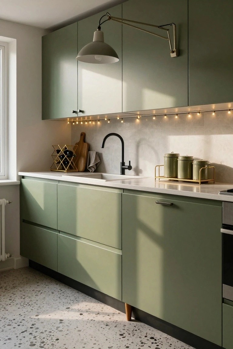 Modern kitchen with sage green cabinets, white countertop and sink, black faucet, gold wire rack holding green canisters and wine bottles, wooden cutting board, and string of warm white lights along the top of upper cabinets.