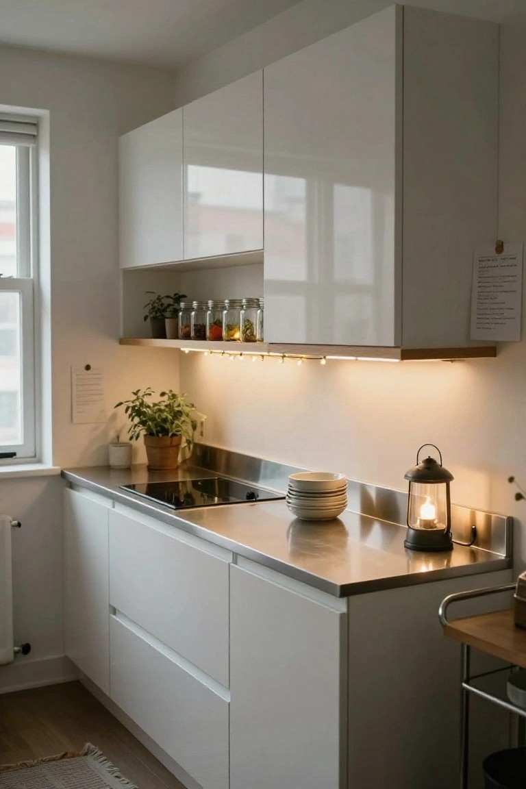 Modern white kitchen featuring under-cabinet LED strip lighting glowing warmly, open shelves with jars and plants, stainless steel counters, stacked white plates, and a lit metal lantern on the countertop.