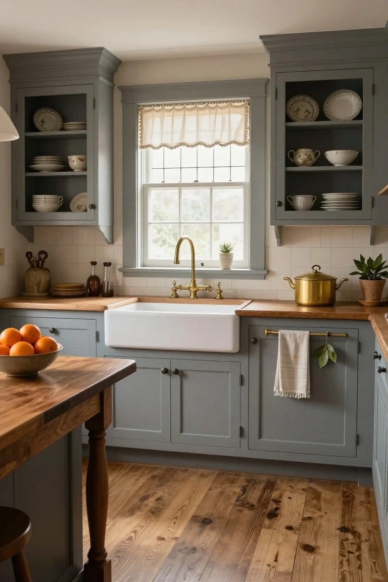 A cozy kitchen interior with light gray shaker cabinets, wooden countertops and central island table, white farmhouse sink, brass faucet, open shelves holding dishes and pottery, and hardwood plank floors.