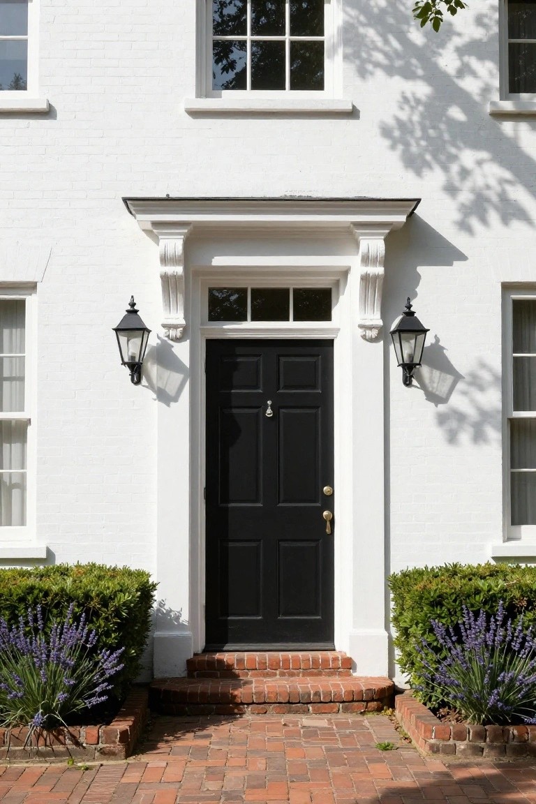 Black Door on White Colonial Facade
