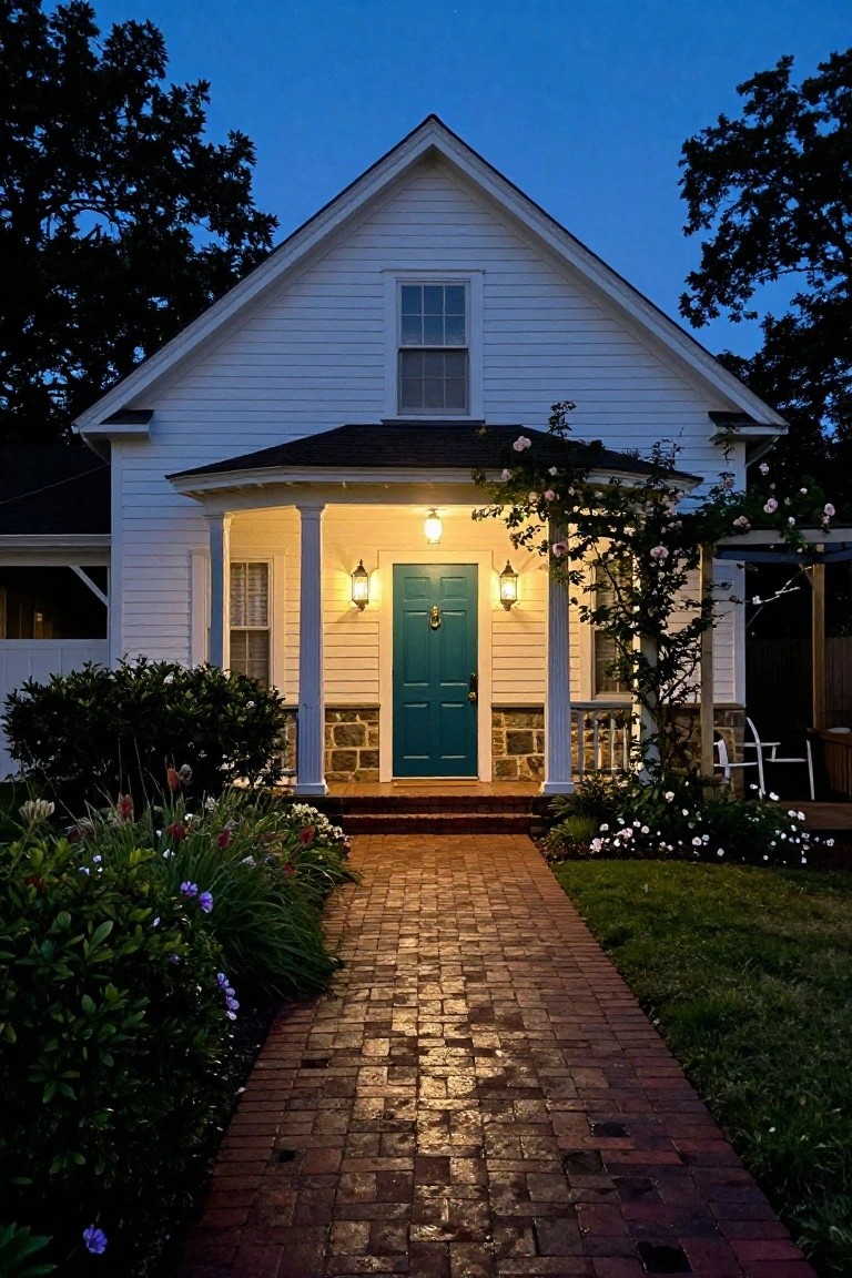 White clapboard colonial house at dusk with turquoise front door on columned porch, illuminated lanterns, brick pathway, shrubs, flowers, and rose-covered arbor.