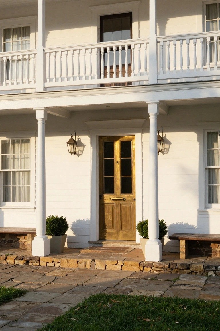 White two-story colonial house exterior featuring a porch with fluted columns, brass-framed wooden double front doors, wall lanterns, potted boxwood shrubs, stone benches, and a flagstone pathway.