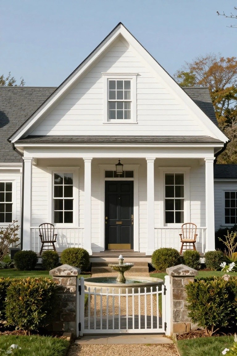 White clapboard colonial house with gabled roof, covered front porch supported by columns, black front door flanked by sidelights, two chairs on porch, small fountain, white picket gate, and low hedges in front yard.