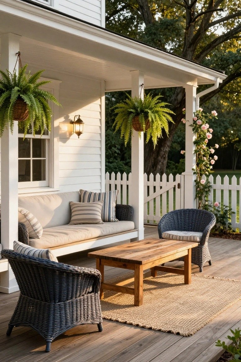 White colonial house porch featuring a built-in beige cushioned bench with pillows, two navy wicker armchairs, rectangular wooden coffee table, seagrass rug, hanging ferns, wall lantern, white picket fence, climbing roses, and trees in the background.