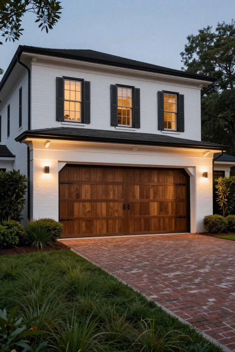 White two-story colonial house exterior at dusk with black shutters and roofline, dark wooden two-car garage door, brick driveway, and low surrounding plants.
