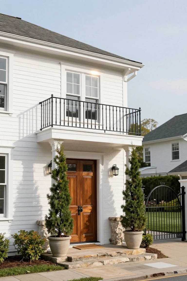 White clapboard house corner with black wrought-iron balcony, dark wood double front doors flanked by two tall potted evergreen trees in stone containers, black lanterns, columns, stone steps, and adjacent landscaping.