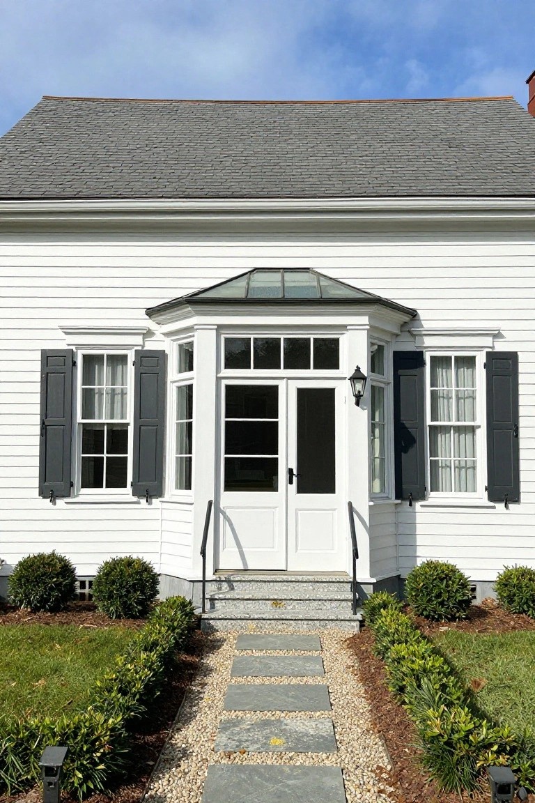 White clapboard colonial house with gray slate roof, projecting entry porch topped by glass skylight, black louvered shutters on multipane windows, double white doors, short steps, bluestone path with gravel and boxwood shrubs.