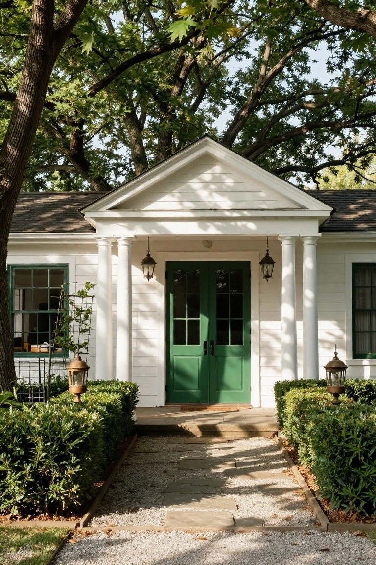 White colonial-style house exterior featuring double green front doors under a pedimented portico with white columns, flanked by lanterns and boxwood hedges along a stone path.
