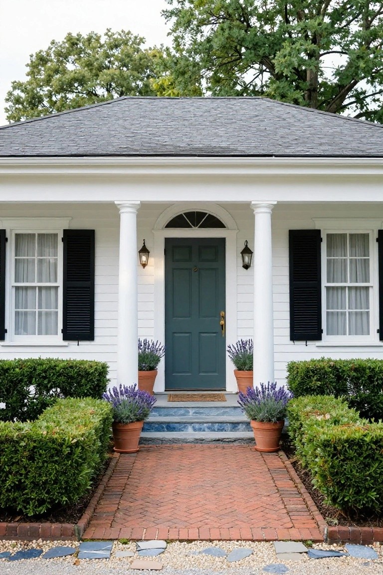 Green Front Door on White Colonial Exterior