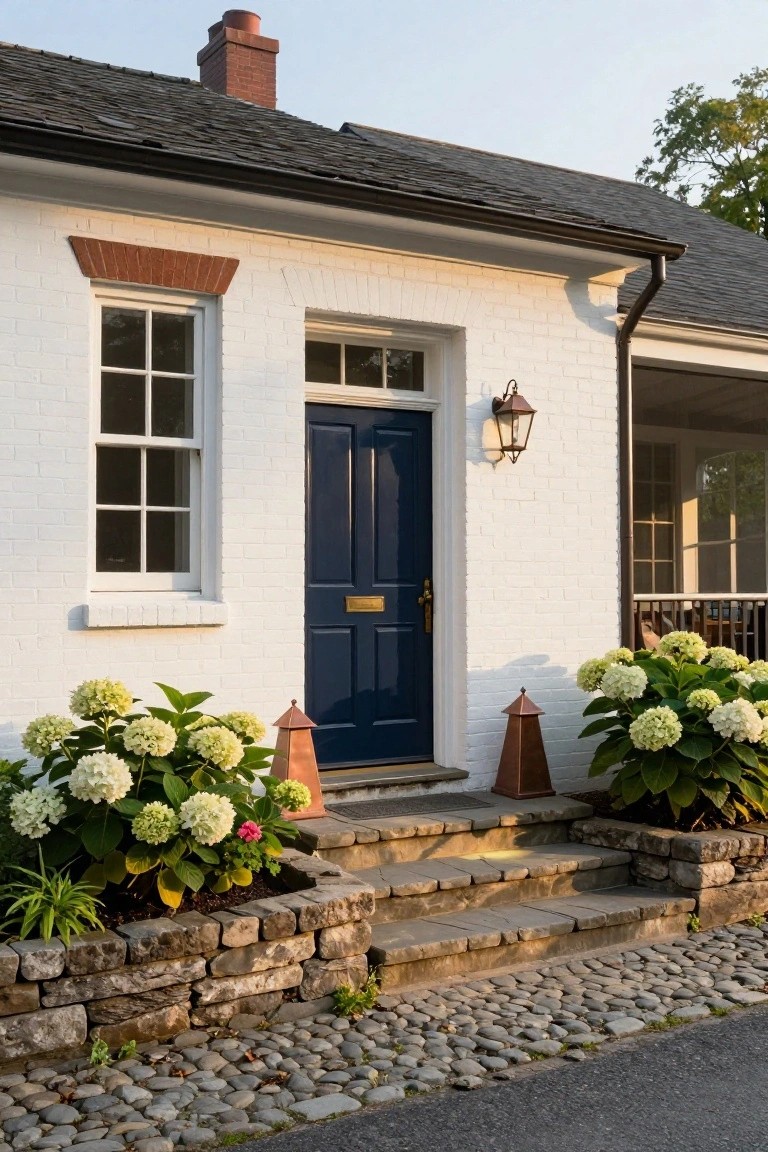 White brick colonial house exterior featuring a navy blue front door with brass knocker, flanked by copper pyramid lanterns and hydrangea-filled stone planters, with stone steps leading to a gravel path.