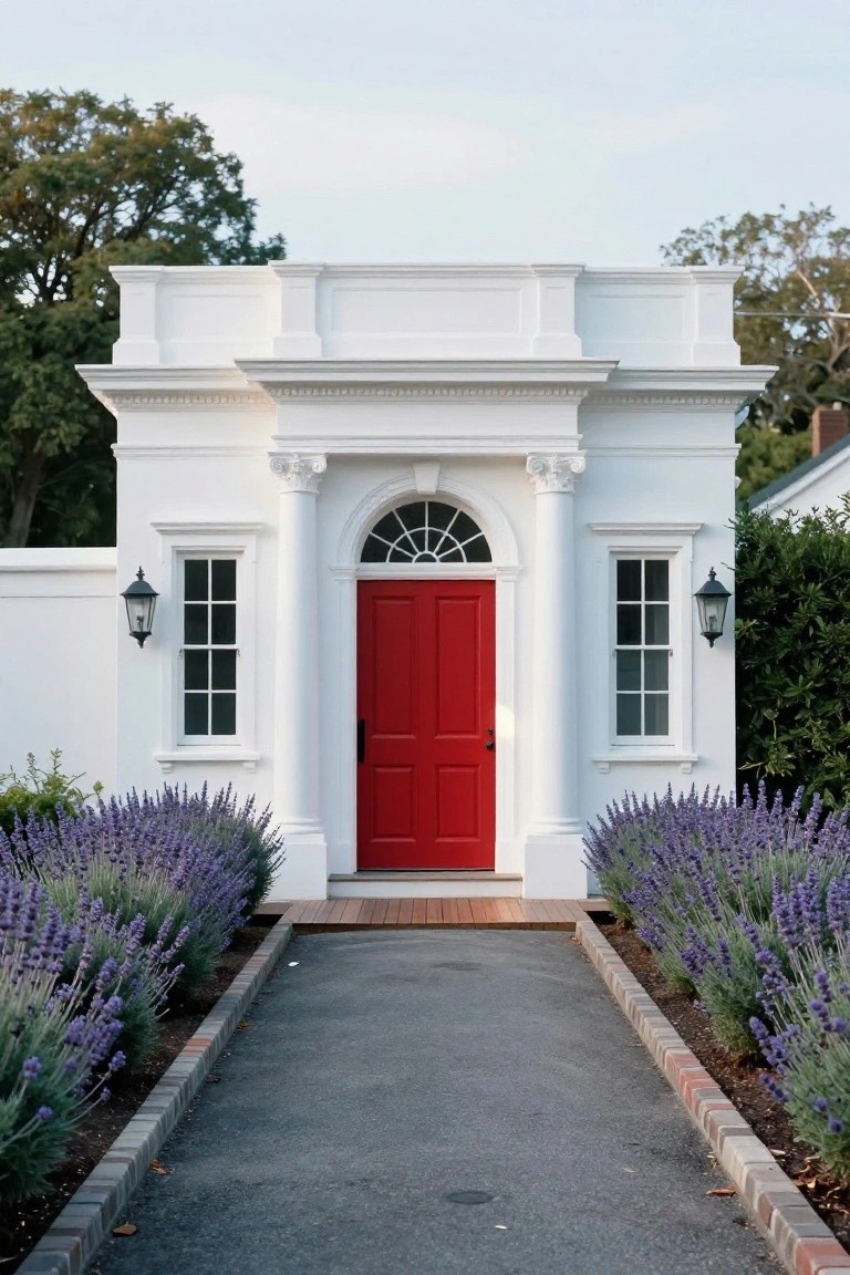 Small white neoclassical pavilion with fluted columns, arched window, red double door, flanked by lavender shrubs and a central brick-edged path.