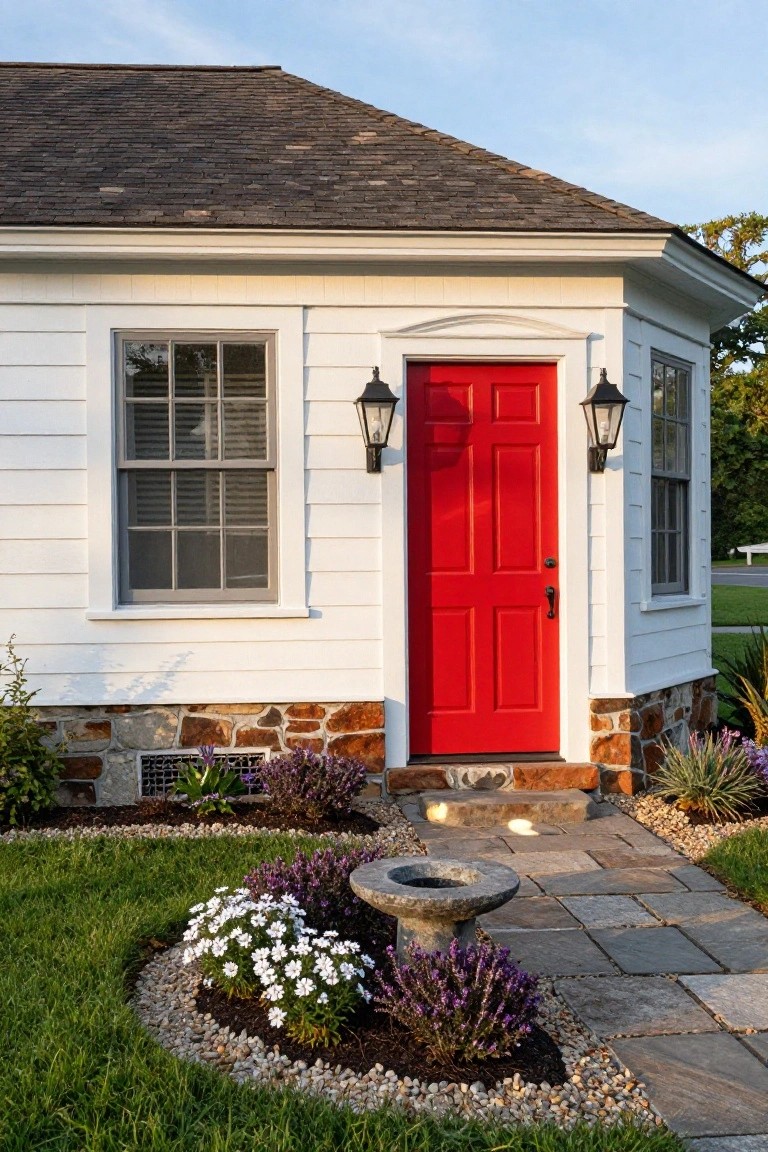 White clapboard colonial house corner featuring a bright red paneled front door with black lanterns, flanked by multi-pane windows, stone foundation, and a stone pathway edged with low plants, white flowers, purple heather, and a stone birdbath.