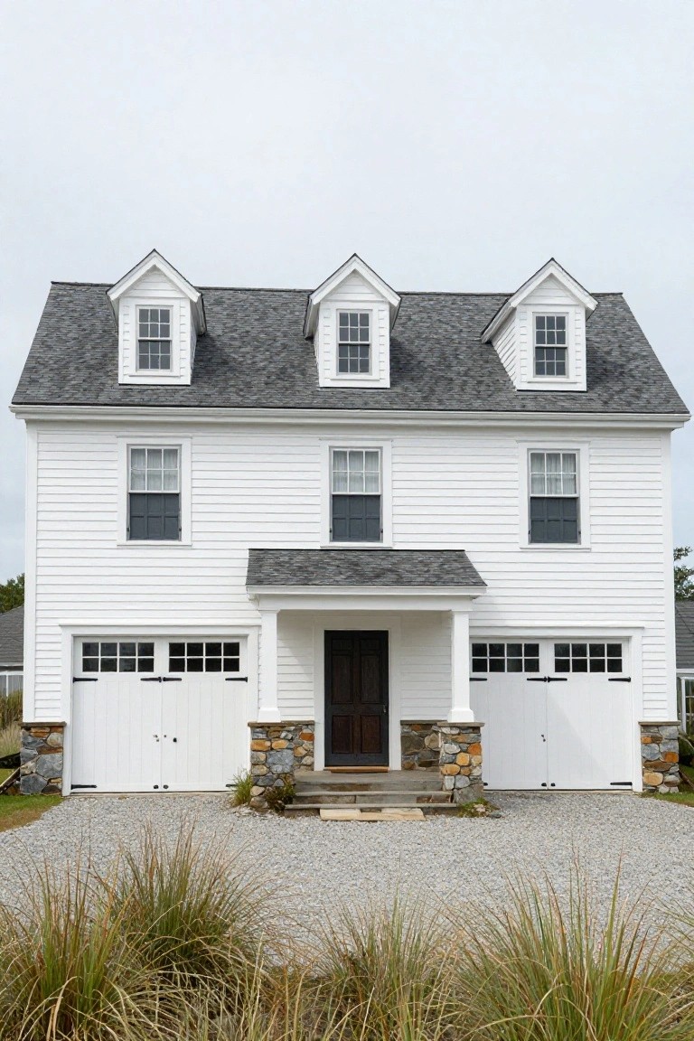White two-story colonial house with gray shingle roof, three dormers, dark-framed windows, central covered entry with dark wood door, flanked by two white paneled garage doors with fieldstone bases and pillars, gravel driveway, and clusters of ornamental grasses.