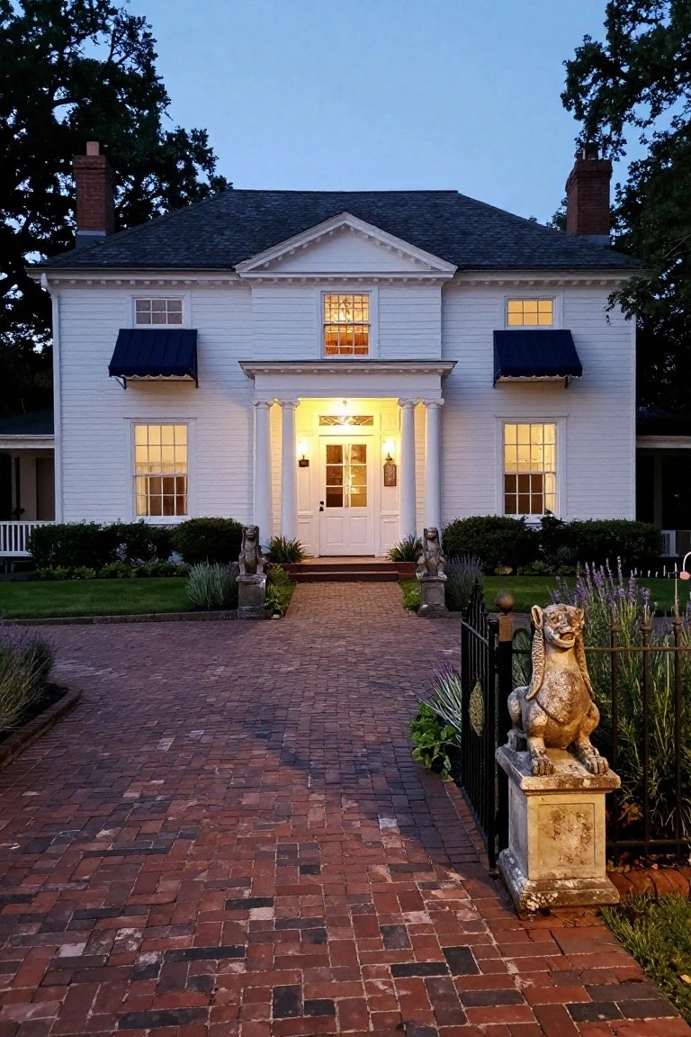 White colonial house exterior at dusk featuring a lit columned porch with double doors, blue awnings over side windows, brick paver pathway flanked by stone lion statues on pedestals, iron gate, shrubs, and lavender plantings.
