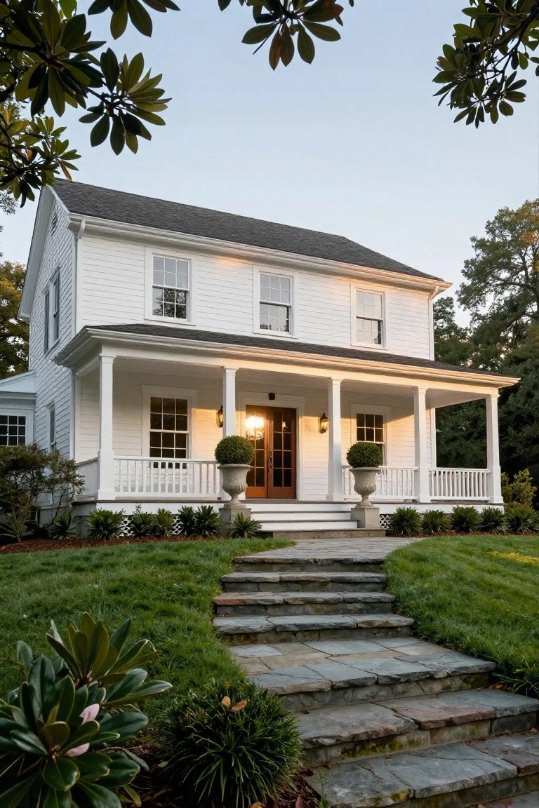 Two-story white clapboard colonial house with gabled roof, full-width front porch supported by columns, mahogany door with lanterns and sidelights, urns on porch, stone steps curving up from lawn amid greenery and trees.