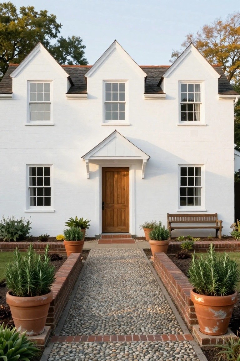 White two-story colonial house exterior with three steep gables, dark slate roof, symmetrical multi-pane windows, centered wooden front door, brick-edged pebble pathway, and terracotta pots of rosemary plants.
