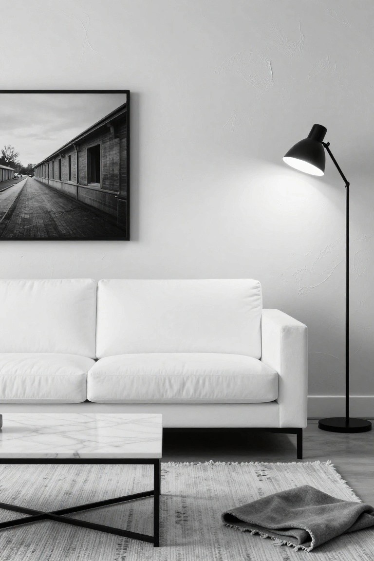 Minimalist living room with white sofa, black floor lamp, marble coffee table with black X-frame legs, gray rug and throw, and large black-framed black-and-white photo of industrial buildings on white wall.