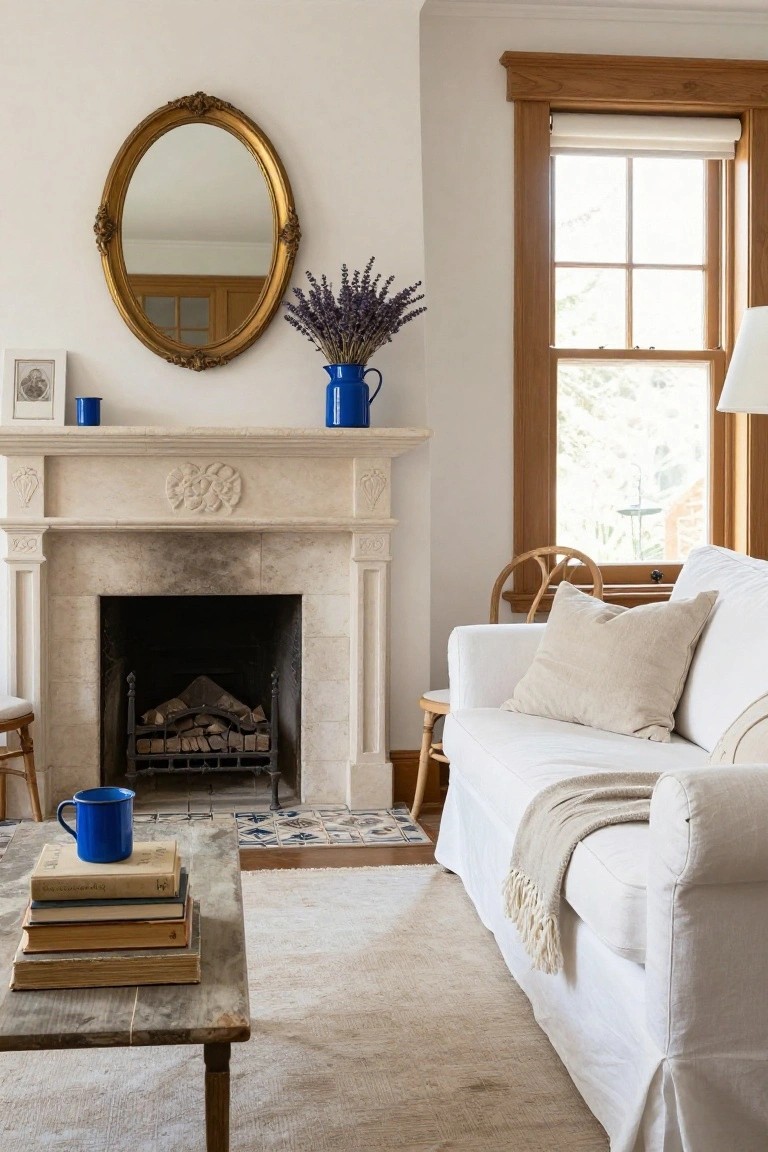 Living room with white slipcovered sofa on neutral rug facing beige stone fireplace with burning logs, rustic wooden coffee table holding stacked old books and blue mug, gold oval mirror and blue jug of lavender on mantel, rattan chair, and large wood-trimmed window.