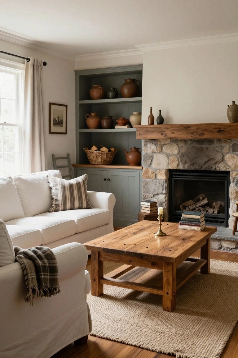 Living room with white slipcovered sofa draped in a plaid throw, chunky wooden coffee table holding books and a brass candlestick, stone fireplace flanked by green built-in cabinets with pottery and a log basket, ladder, window with cream curtains, and hardwood floors.