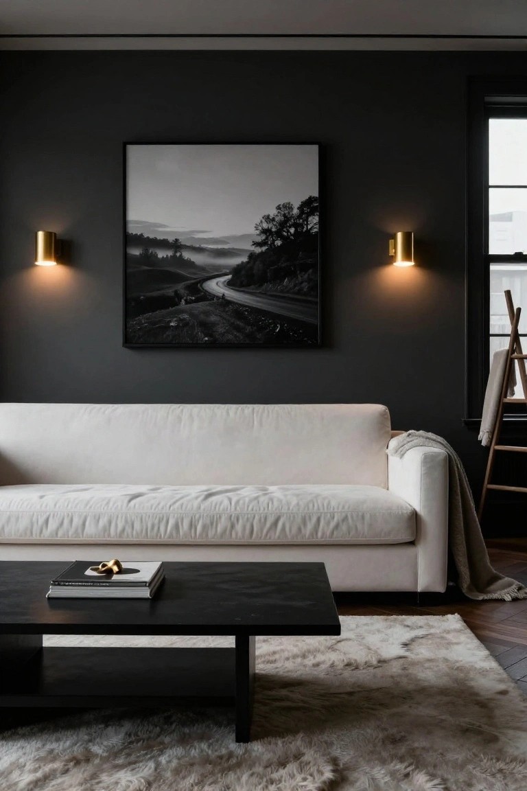 Living room with dark walls, white couch, black coffee table holding books and a gold object, gold wall sconces flanking a large black-framed black-and-white landscape photo, fluffy white rug, and wooden ladder with throw nearby.