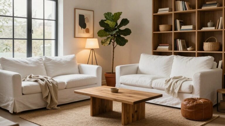 A living room with a white linen couch on a light rug, flanked by tall wooden bookshelves filled with books and plants, a low wooden coffee table, a brown leather ottoman, and a white tripod lamp.