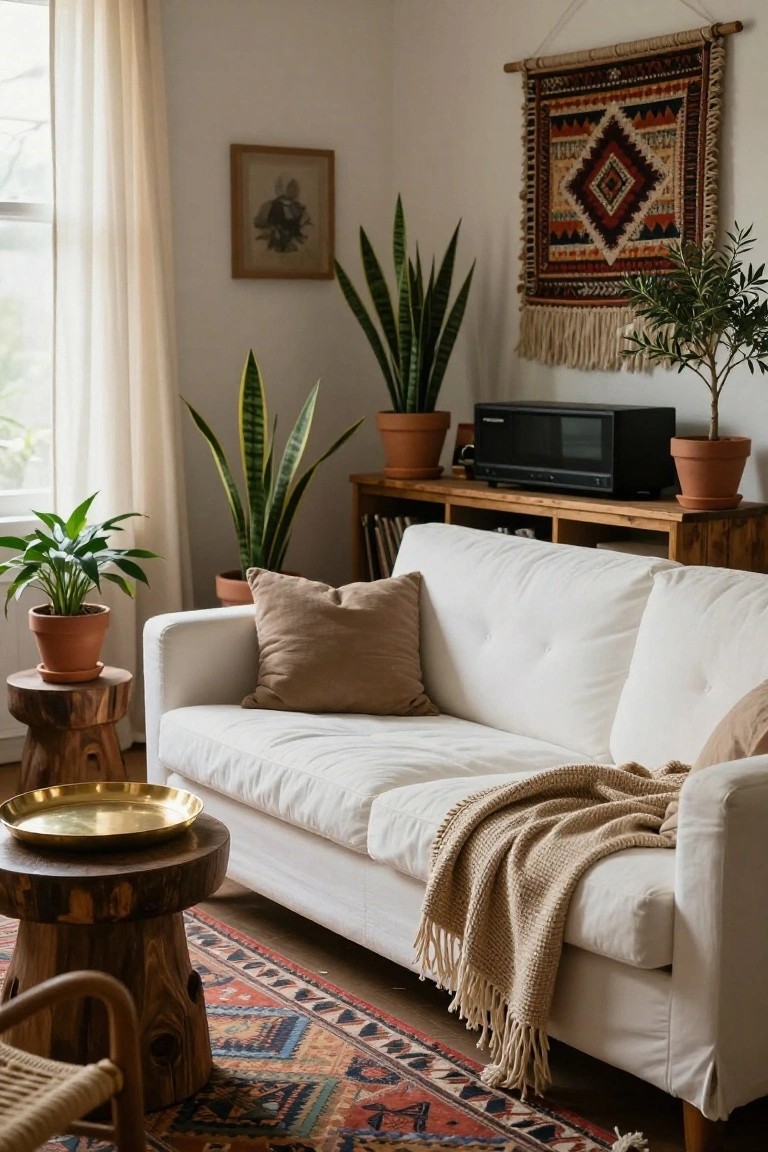 A sunlit living room corner with a white couch draped in a beige knit throw and pillows, surrounded by potted snake plants and other greenery in terracotta pots, wooden stools, a brass tray, colorful woven rug, and macrame wall hanging on white walls.