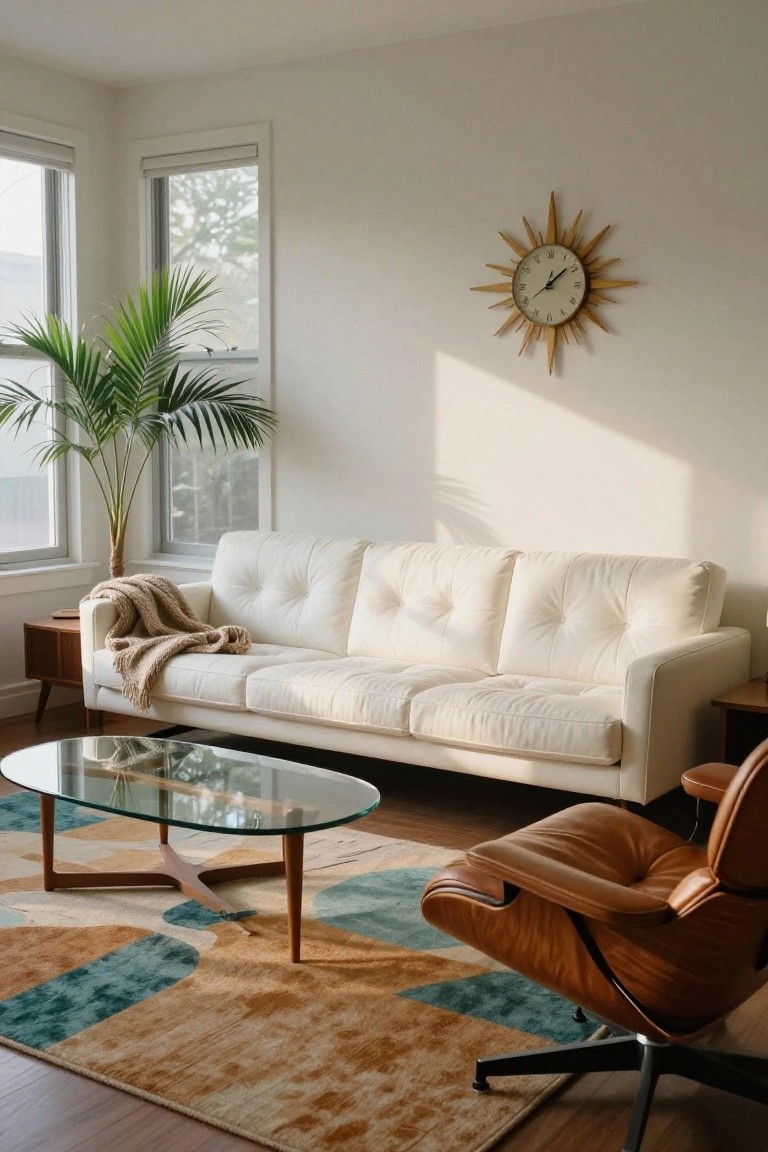 Bright living room interior with white tufted sofa draped with a tan throw, orange leather Eames-style armchair, glass coffee table on wood legs, potted palm tree, geometric rug, and starburst wall clock near large windows.