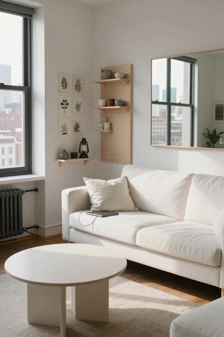 A minimalist living room corner featuring a white sofa, round white coffee table, pegboard wall with shelves holding ceramics and plants, a large gold-framed mirror, and a window with city view.