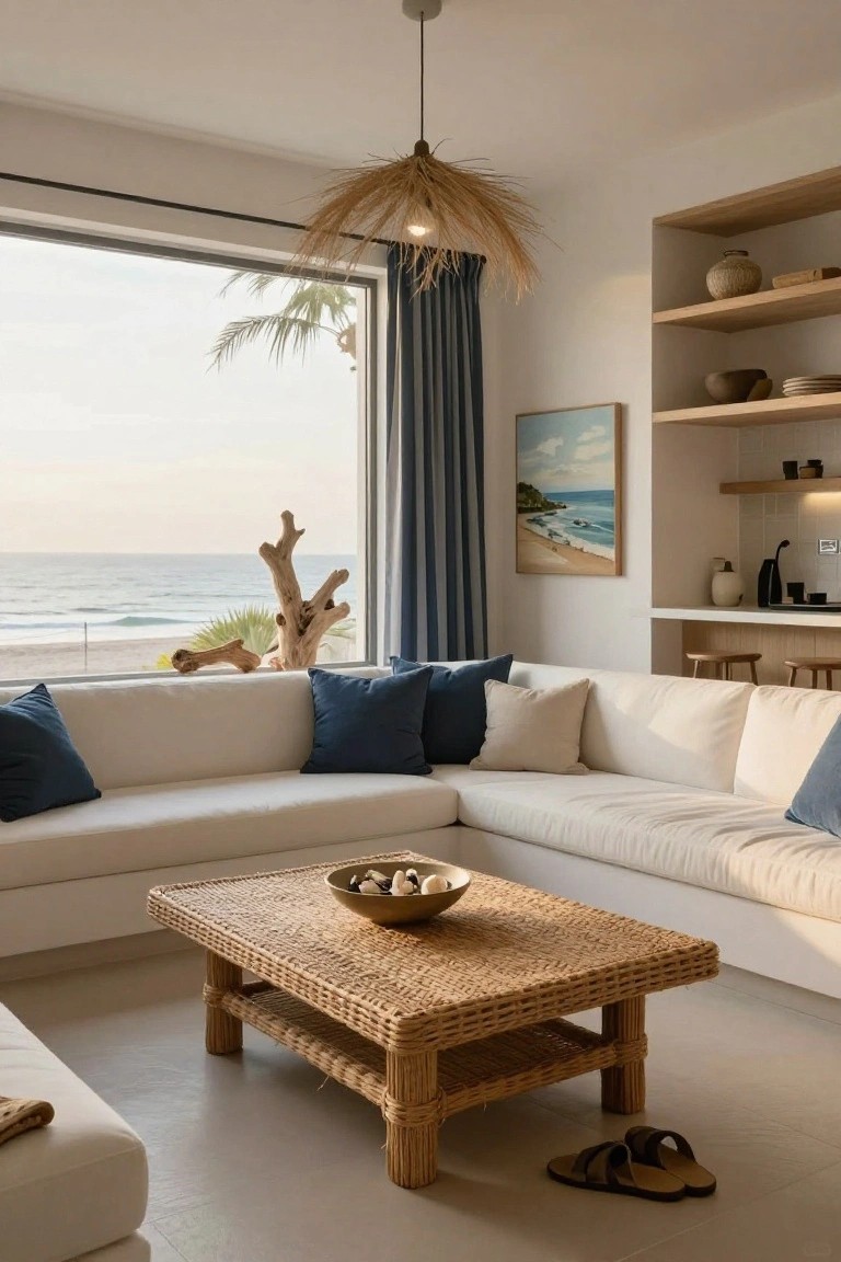 White L-shaped couch with navy pillows in a light living room, rattan coffee table with shell bowl, wooden shelves, driftwood sculpture, and large window to beach and palm trees.