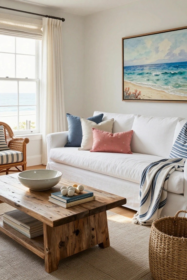 White slipcovered sofa with assorted pillows and striped throw on a beige rug in a bright living room featuring a rustic wooden coffee table holding a bowl and books, wicker armchair, large coastal painting, and windows overlooking the ocean.