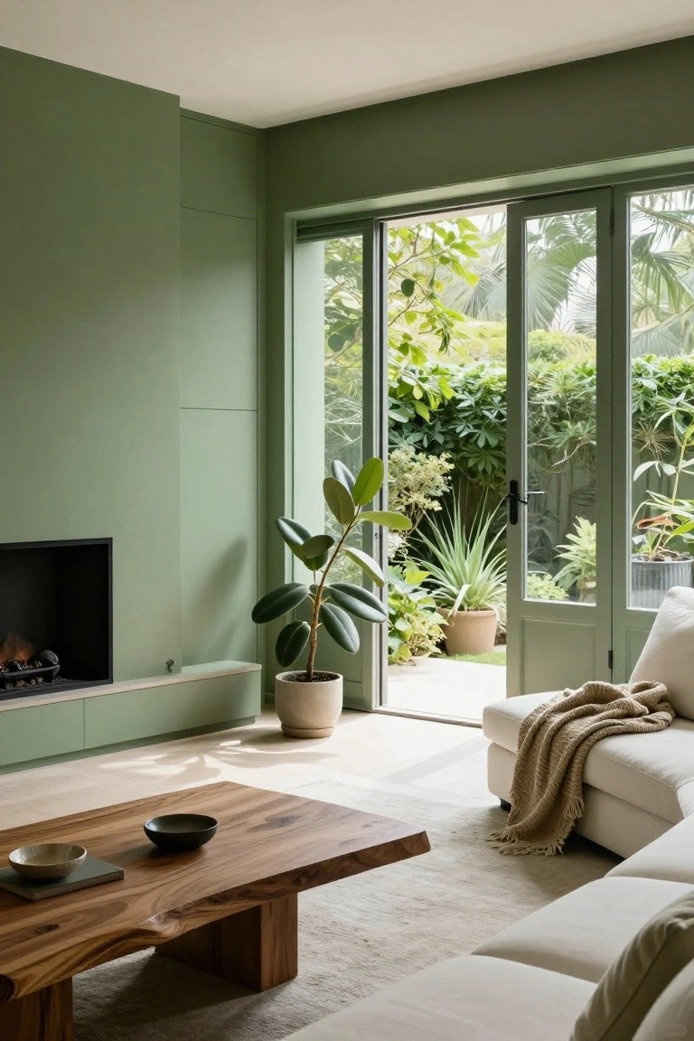 A living room with sage green walls, white L-shaped couch draped with a beige throw, live-edge wooden coffee table holding bowls, potted plants, black fireplace, and open sliding glass doors revealing a lush garden.