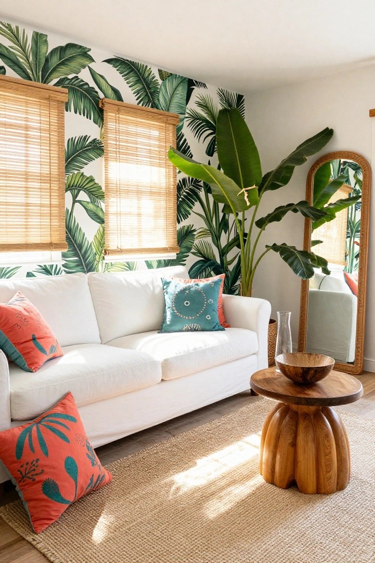 Living room with white sofa against green palm leaf wallpaper, bamboo blinds on windows, tall potted banana plant next to rattan mirror, colorful pillows, wooden pedestal table with bowl, and beige jute rug on wood floor.