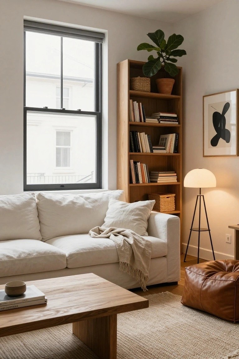 A living room with a white linen couch on a light rug, flanked by tall wooden bookshelves filled with books and plants, a low wooden coffee table, a brown leather ottoman, and a white tripod lamp.