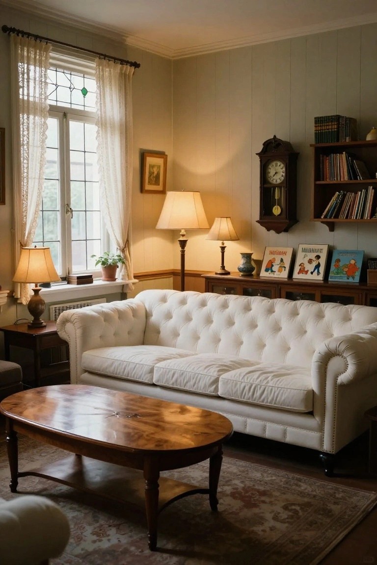 Cozy living room with white tufted Chesterfield sofa, oval wood coffee table, wood paneling, bookshelves, multiple table lamps, and large window with sheer curtains.