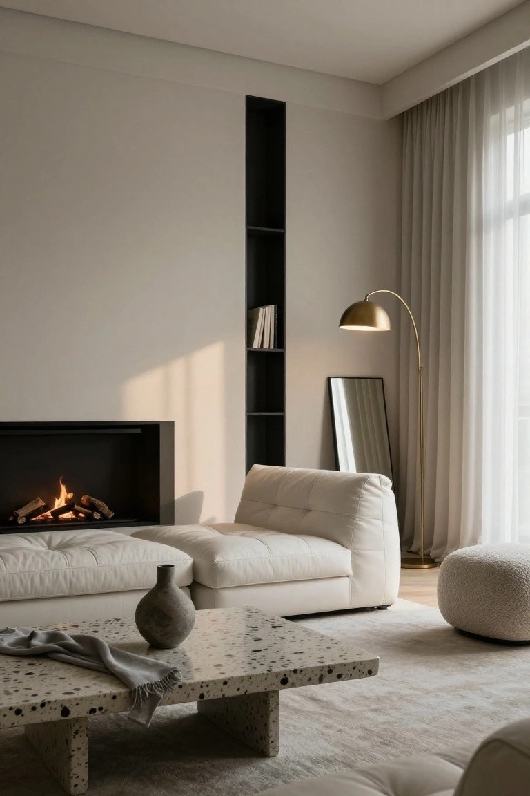 Modern living room with white modular couch facing black fireplace, terrazzo coffee table with vase and throw, gold arc lamp, round pouf, and sheer curtains over large windows.