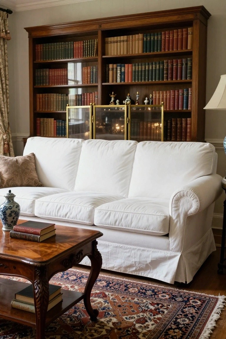 White slipcovered sofa positioned in front of tall wooden bookshelves filled with books and small figurines in a living room with a carved wooden coffee table, books, blue vase, patterned rug, and lamp.