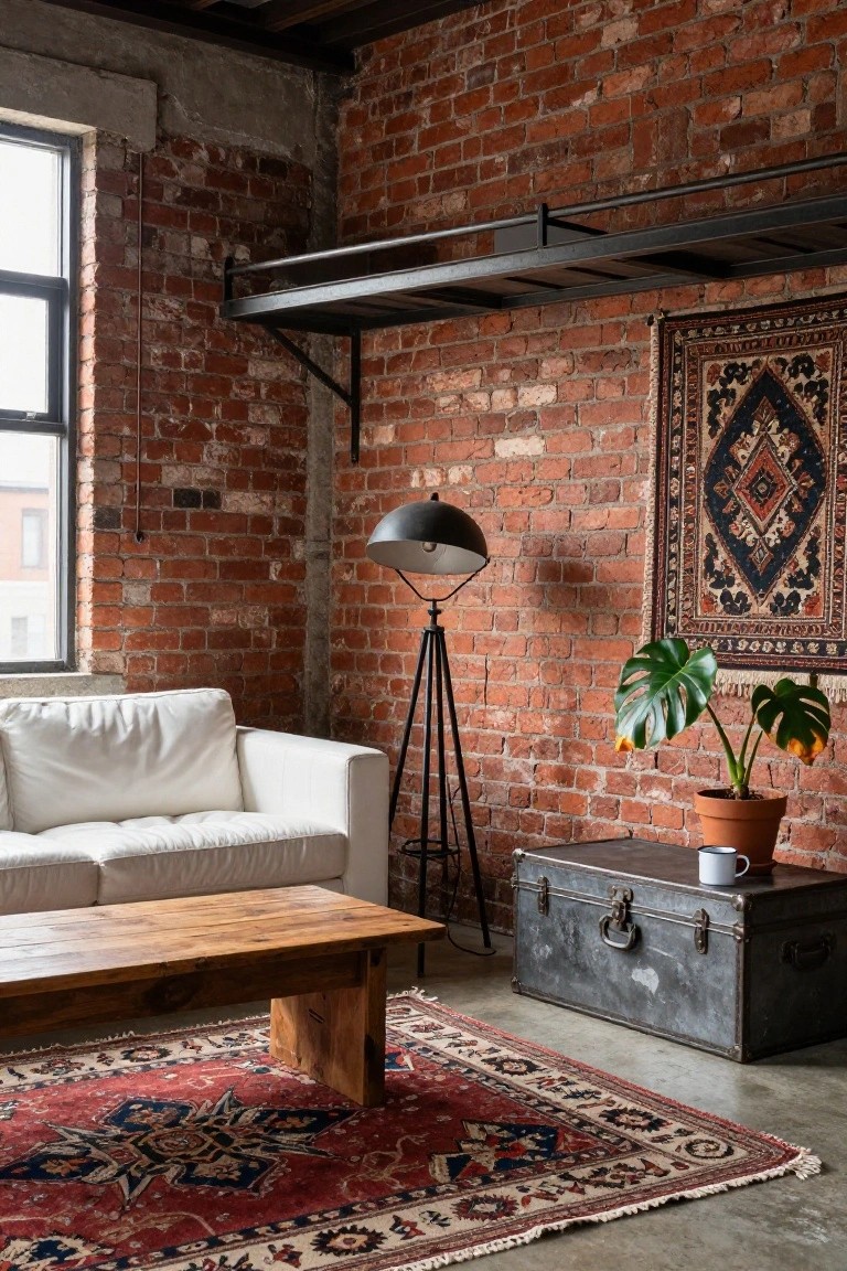 White couch in a living room with exposed red brick walls, wooden coffee table, metal trunk, tripod floor lamp, potted monstera plant, and patterned red rug on concrete floor.