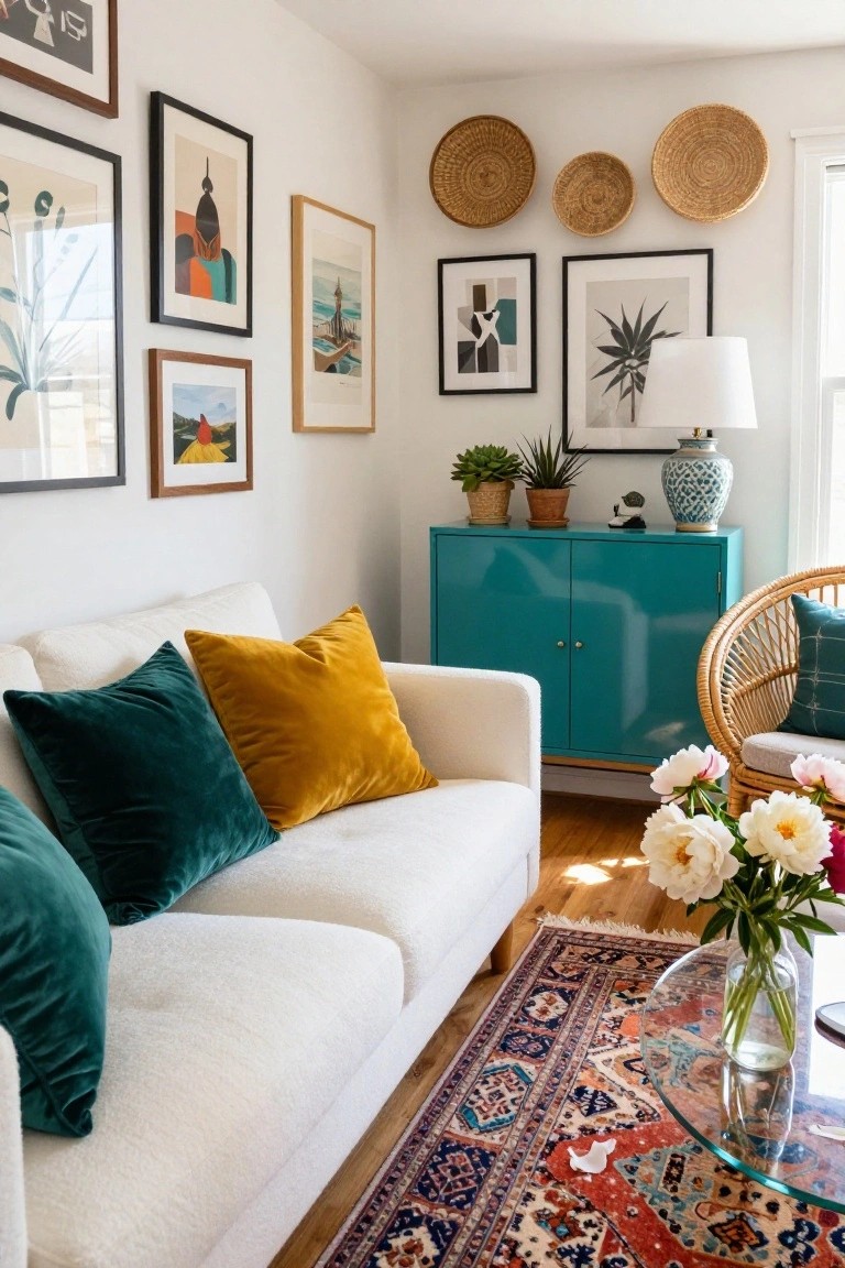 White bouclé sofa with emerald green and mustard yellow velvet pillows in a sunny living room corner, turquoise credenza with plants, eclectic framed artwork and woven baskets on white walls, rattan chair, peonies in glass vase on Persian rug, wood floors.