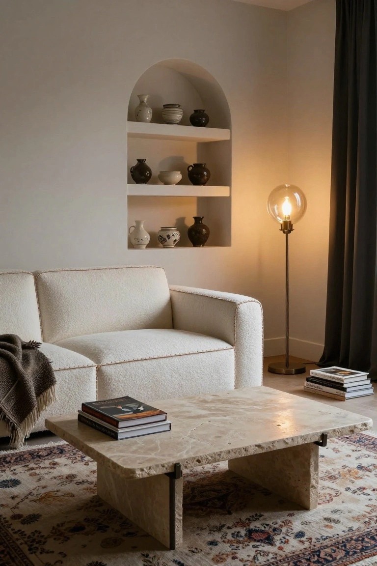 White Sofa with Travertine Coffee Table