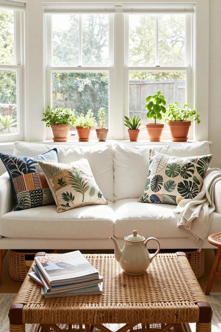 Bright living room with white sofa under large windows lined with terracotta pots of herbs and plants on the sills, patterned pillows on the couch, rattan coffee table with teapot and stacked magazines.