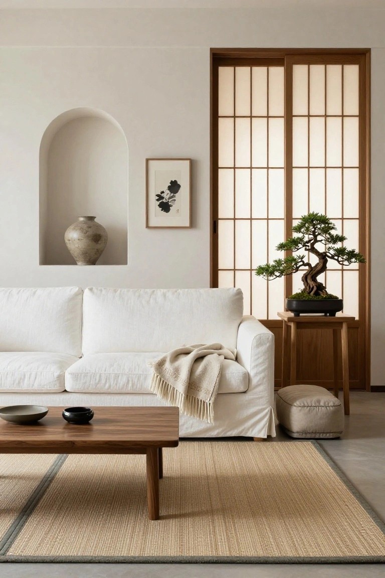 A minimalist living room with a white linen couch draped in a light throw, low wooden coffee table holding ceramic dishes, shoji sliding doors beside a bonsai tree on a wood stand, arched wall niche containing a terracotta vase and framed ink artwork, beige seagrass rug, and light wood floor pouf.