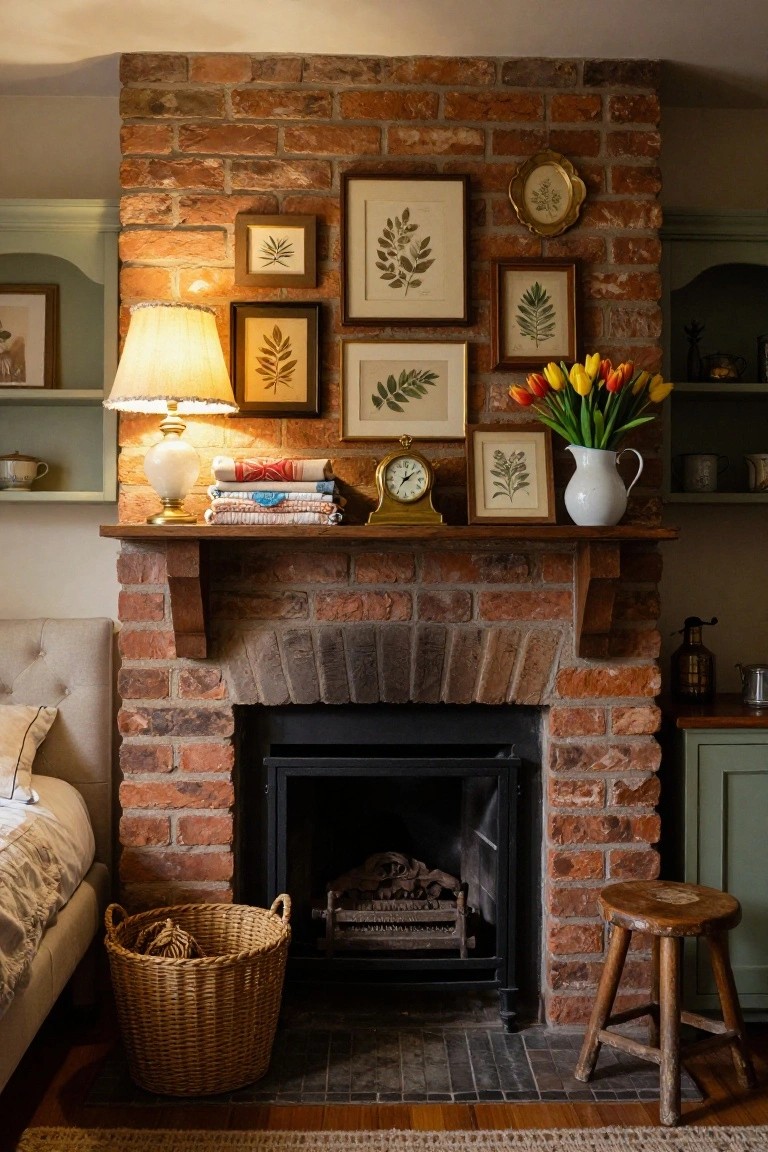 Brick fireplace mantel shelf with stacked books, brass clock, lamp, multiple framed botanical prints, tulips in white pitcher, and nearby tufted bed with wicker basket by the hearth.