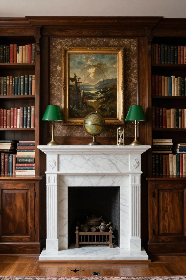 Wood-paneled library room featuring a white marble fireplace mantle with a globe and hourglass centered on it, flanked by brass lamps with green shades on bookshelves, a landscape painting above, and a patterned rug on the wood floor.