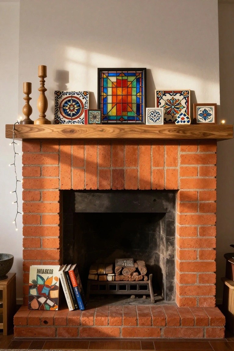 Brick fireplace with wooden mantel shelf holding colorful ceramic tiles, stained glass panel, wooden candlesticks, and fairy lights, plus books and firewood stacked in front.