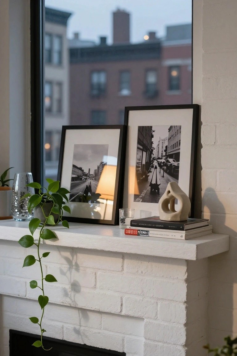 White brick indoor mantel topped with trailing green plant in gray pot, glass vase, stack of books, white ceramic sculpture, small lamp, and two black-framed black-and-white photos of city streets, beside large window showing urban buildings and moon at dusk.