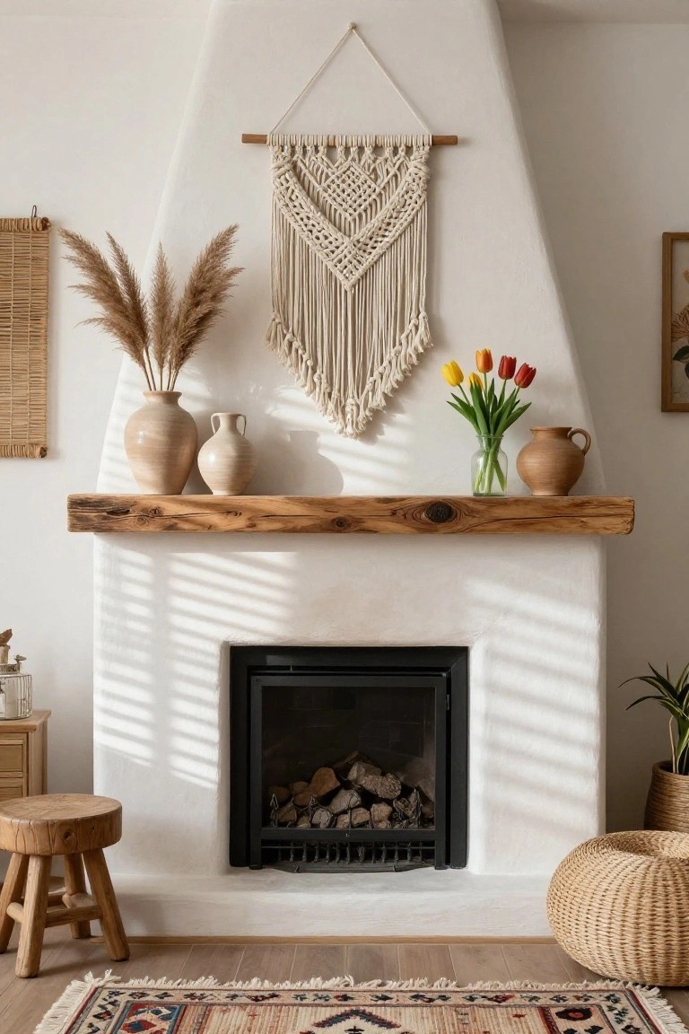 White stucco fireplace with reclaimed wood mantel displaying terracotta pottery with pampas grass, tulips in glass jar, smaller clay pots, and macrame hanging above, wooden stool and rattan basket nearby on wood floor with patterned rug.