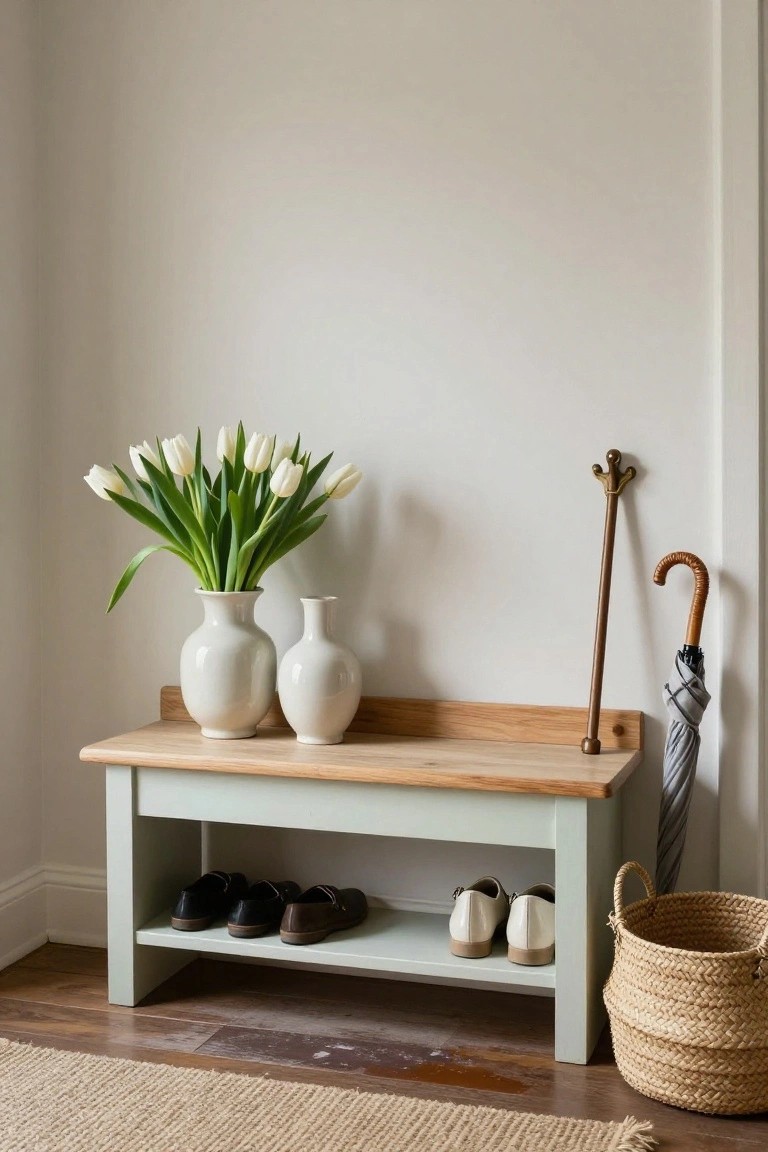 Sage green wooden bench in a light entryway with oak top holding two white ceramic vases of white tulips, several pairs of shoes on the open lower shelf, a brass umbrella hook with walking stick and black umbrella nearby, and a wicker basket on the wood floor.