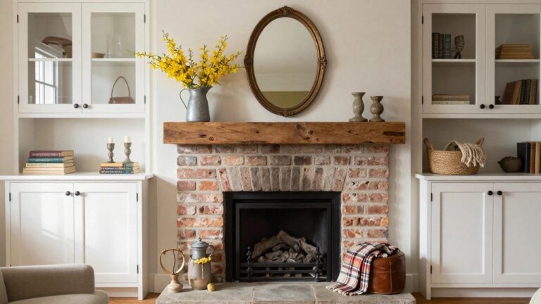 Brick fireplace with wooden mantel displaying yellow forsythia branches in a metal pitcher, stacked books, and candles, flanked by white cabinets with woven baskets below and a leather ottoman with plaid throw in front.